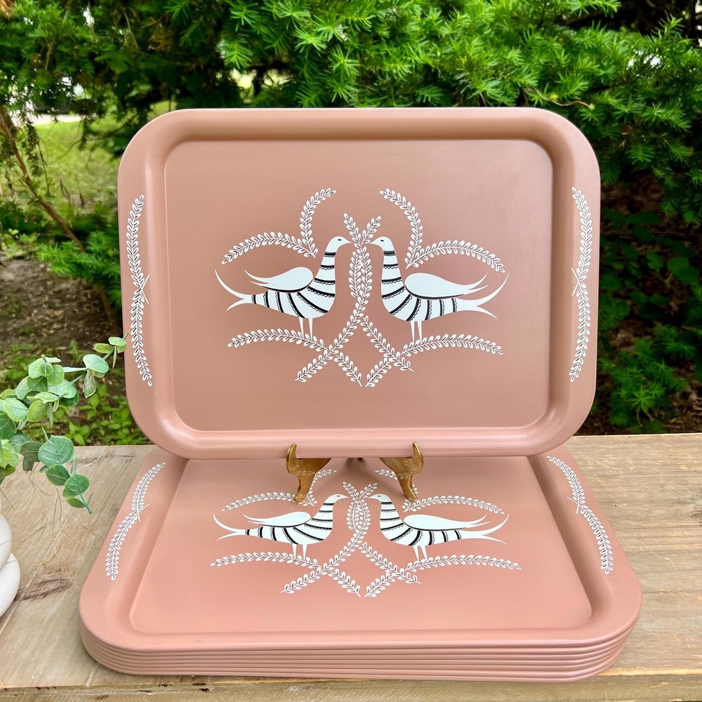 MCM Vintage TV Tray Set w/ Bird Design | Set of 8